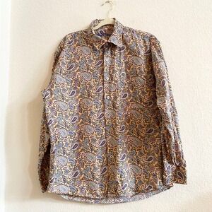 Alan Flusser Mens Peach Paisley Print‎ Button Down Shirt Long Sleeve L Cotton